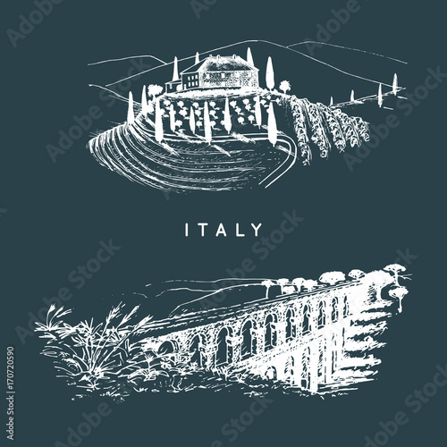 Italian landscapes set with roman aqueduct and Tuscany villa. Vector hand sketched illustration of Italy sights.