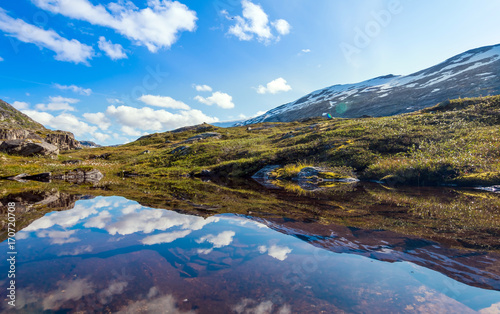 Fototapeta Naklejka Na Ścianę i Meble -  Panorama of summer landscape in Norway - river, stones, mountings