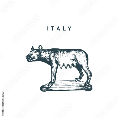 The Capitoline Wolf sculpture drawing. Rome touristic symbol. Vector hand sketched illustration of Italy sights