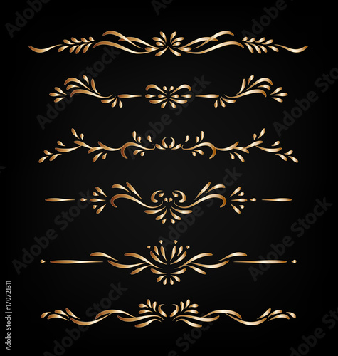 Gold vector ornamental decorative borders isolated on dark background