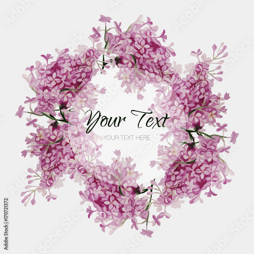 Vintage watercolor vector floral card with lilac. Romantic wedding background with round frame. Natural design.