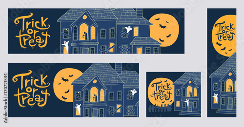 Halloween trick or treat web banners with spooky houses vector illustrations. Collection of four different sizes banners: 970x250, 720x300, 300x250, 160x600
