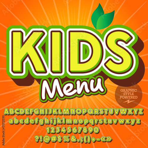 Creative vector alphabet set. Font with text Kids Menu. Contains graphic style. photo