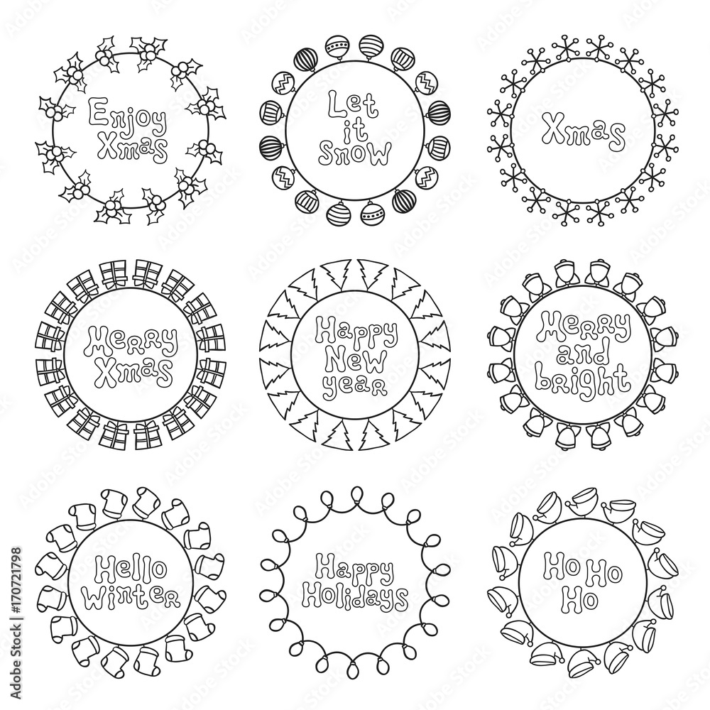 Merry Christmas New Year wishes labels stickers and badges. Hand drawn framework frame. Calligraphy phrase. Handwritten lettering. Xmas phrase set. Holidays. Greeting text. Christmas calligraphy.