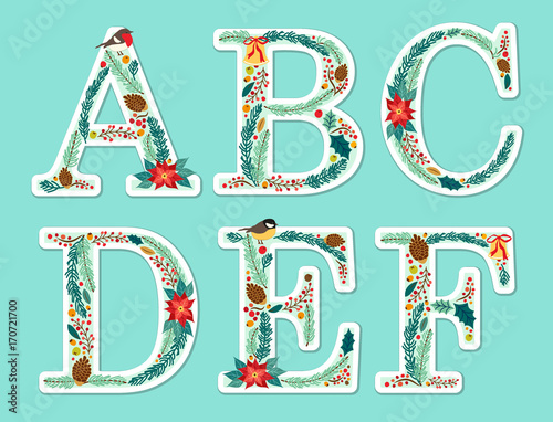 Fototapeta Naklejka Na Ścianę i Meble -  Cute vintage hand drawn rustic floral Christmas alphabet