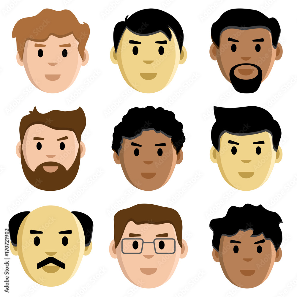 Flat set faces of men, avatar, vector illustration Flat set faces of men, avatar, vector illustration
