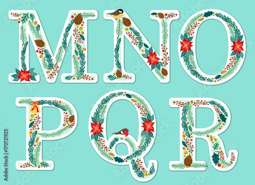 Cute vintage hand drawn rustic floral Christmas alphabet