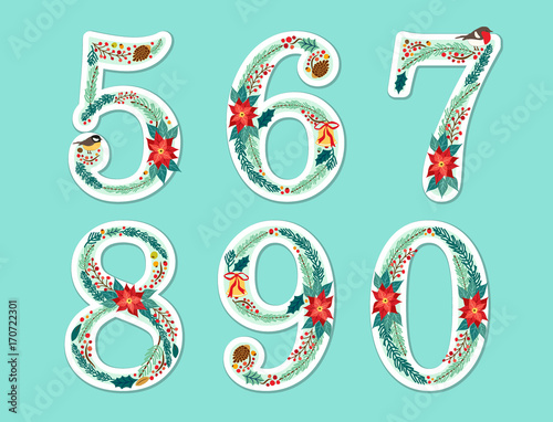 Cute vintage hand drawn rustic floral Christmas alphabet