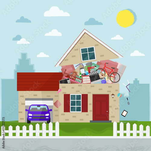 The concept of excessive consumption. House bursting of stuff. Vector illustration. photo