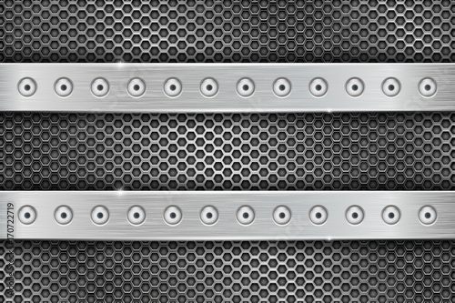 Metal perforated background with brushed iron stripes with rivets