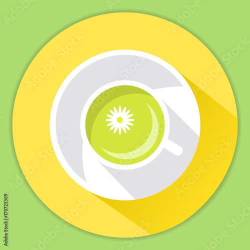 Cup of herbal tea with a camomile. Health hot drink green tea.An icon in flat style a vector.A ceramic cup with drink.The top view on a cup beverage with a flower and a saucer.