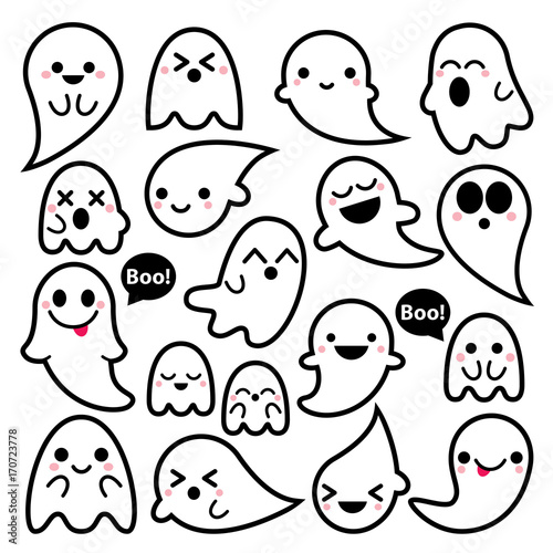 Fotografie, Obraz Cute vector ghosts icons, Halloween design set, Kawaii black stroke ghost collec