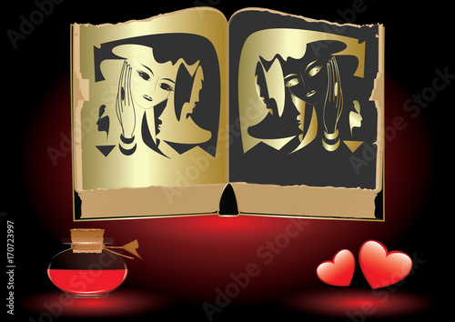 Ancient book with black and gold illustration female image, face, mask, bottle with red liquid, heart, art creative vector. Black and white magic. Philosophy. Esoterics.