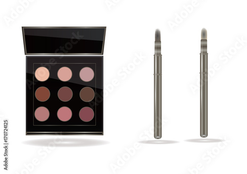 Set of cosmetic palette shadows of beige tones and makeup brushes isolated on white background - art creative vector