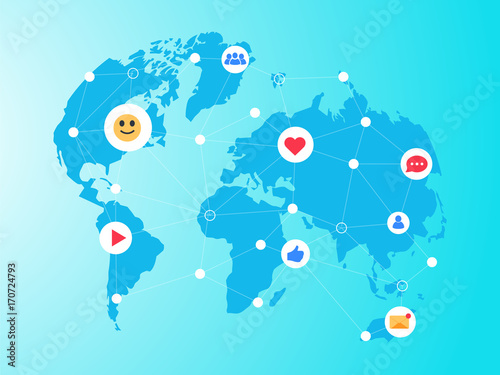 Social Media Icons Over World Map Background Network Communication Connection