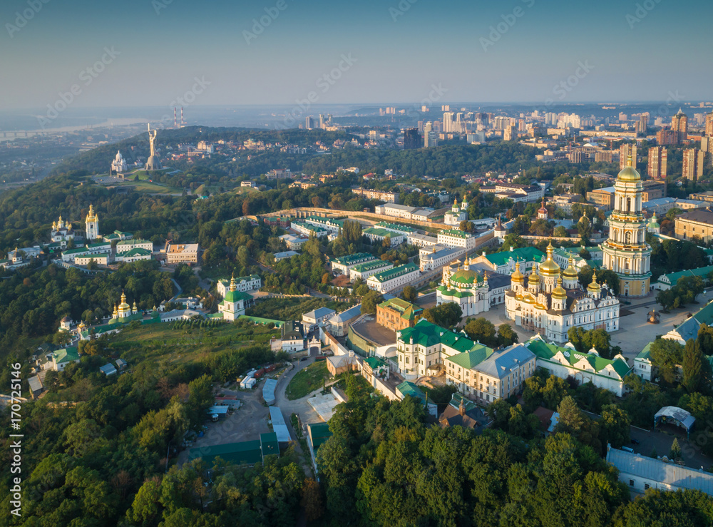 Aerial view of Kiev Pechersk Lavra at sunrise. Kiev, Ukraine