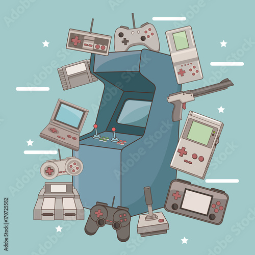 Classic videogames and console icons over white background vector illustration