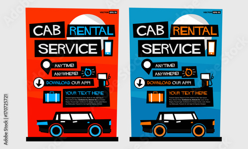 Cab Rental Service Anytime Anywhere Template With Text Box and App Download Details (Flat Style Vector Illustration Poster Design)