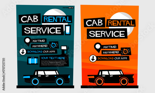 Cab Rental Service Anytime Anywhere Template With Text Box and App Download Details (Flat Style Vector Illustration Poster Design)