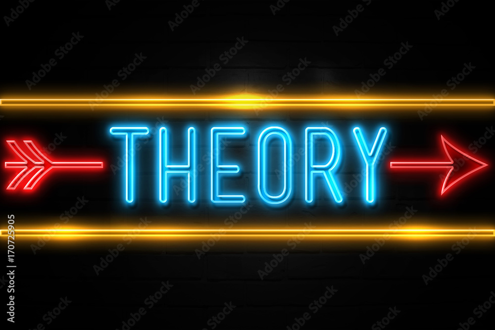 Theory  - fluorescent Neon Sign on brickwall Front view