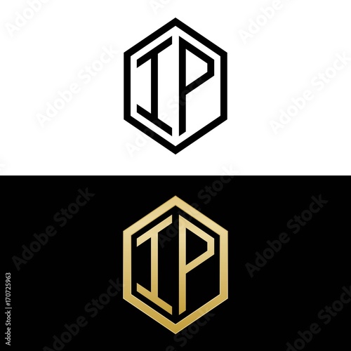 initial letters logo ip black and gold monogram hexagon shape vector