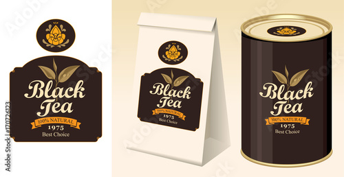 Vector banner and label for black tea with the image of tea leaves on the twig and inscription on the black background. Paper 3D package and a tin can of tea with this label