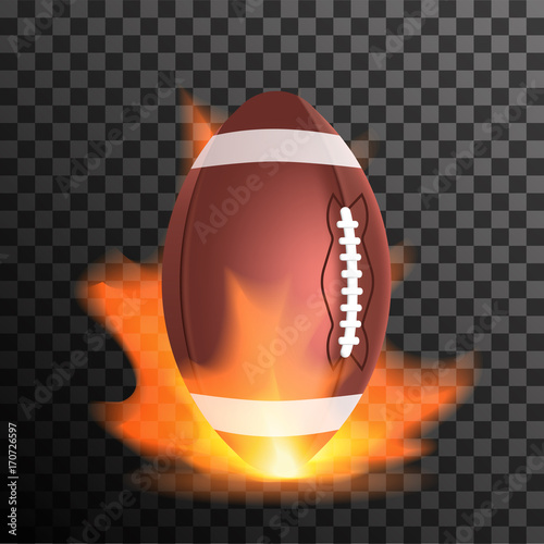 American footbal or rugby ball in a flame. on transparent background