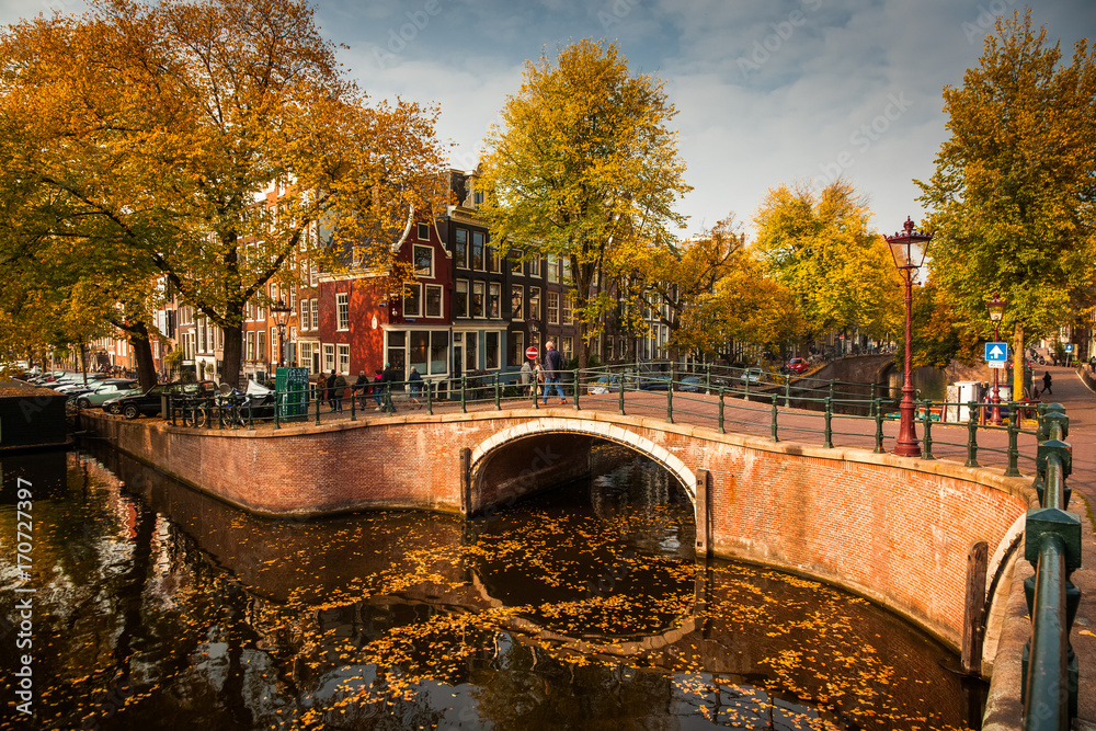beautiful canals in Amsterdam in autum, Holland