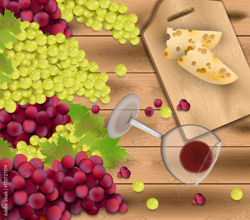 Red grapes on wood background. Wine glass and cheese. Season harvest Vector r...