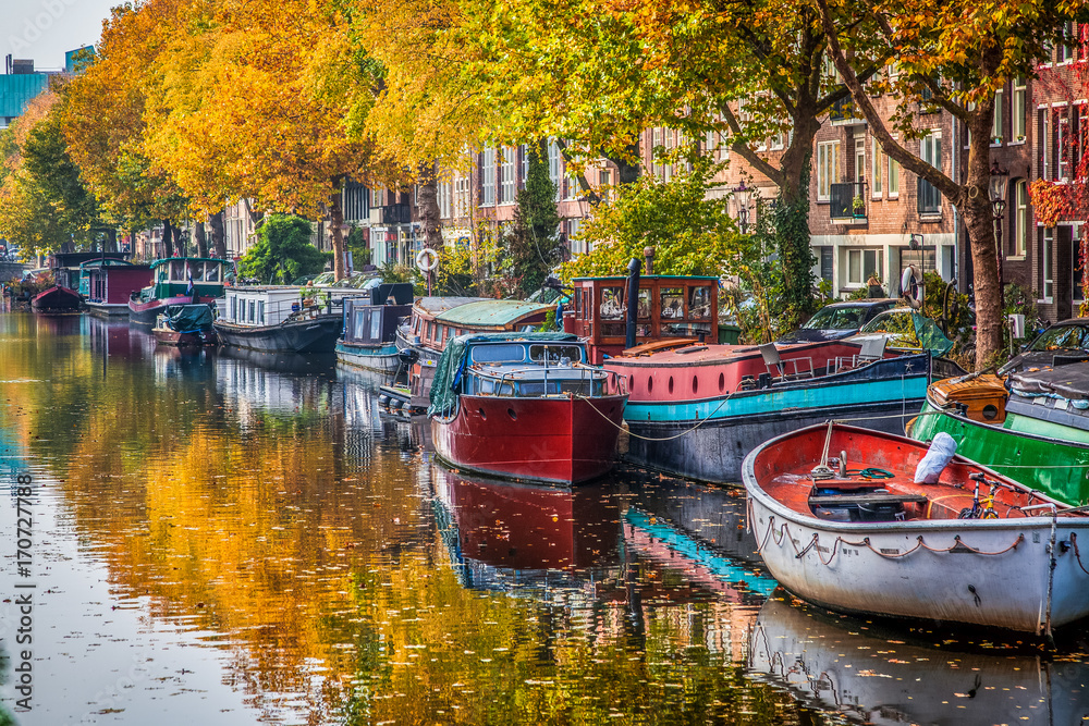 beautiful canals in Amsterdam in autum, Holland