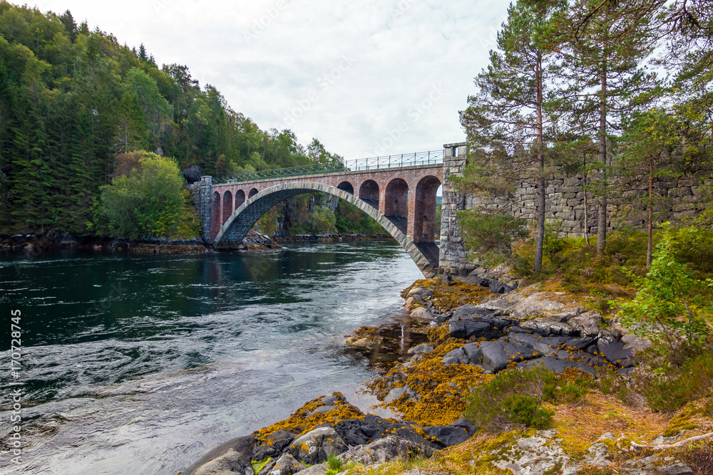 Bridge mirroring in water - sunny day near Alesund, Norway