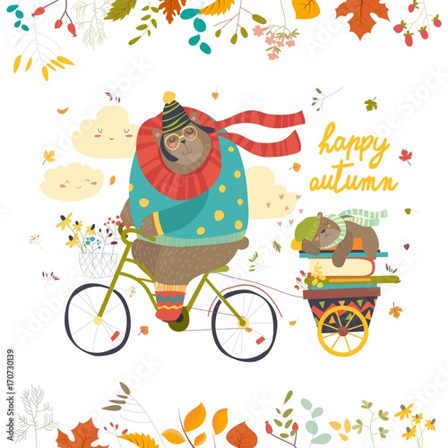 Cute bear riding a bicycle with sleeping cub