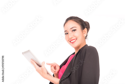 Business woman holding tablet PC with touchpad. young Asian Caucasian woman professional isolated on white background.