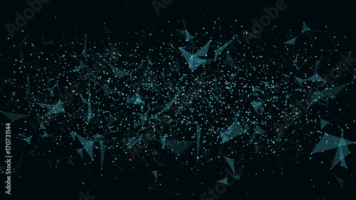Abstract futuristic horizontal background. Connection of triangles and dots. Modern technologies in design. Glowing web of blue. Plexus style. Geometric elements. Vector