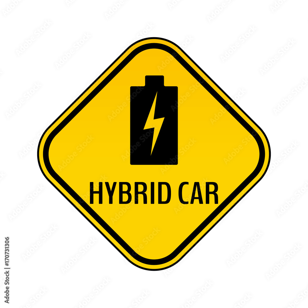Hybrid car caution sticker. Save energy automobile warning sign. Charging battery icon in yellow and black rhombus. Hybrid car caution sticker. Save energy automobile warning sign. Charging battery icon in yellow and black rhombus.