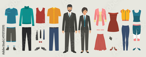 Man and woman characters with business, casual, sport clothing set. Dressing people constructor kit.