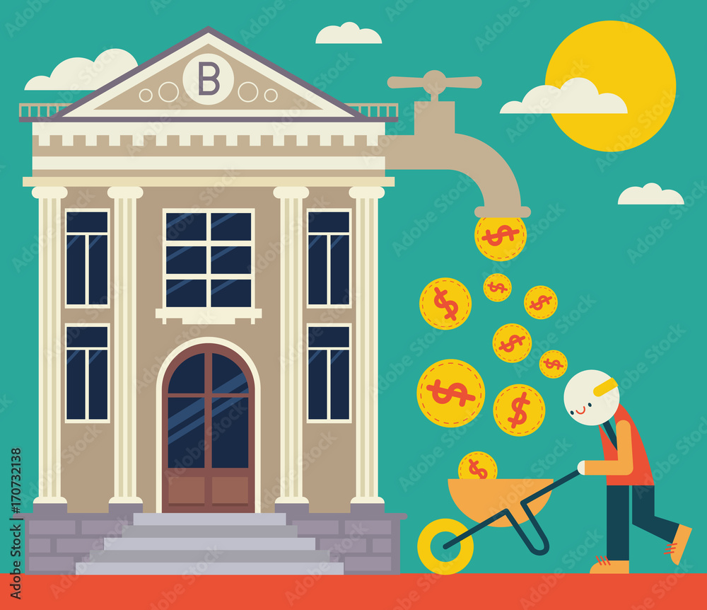 Fototapeta premium Man with Wheelbarrow gets much coins from the bank
