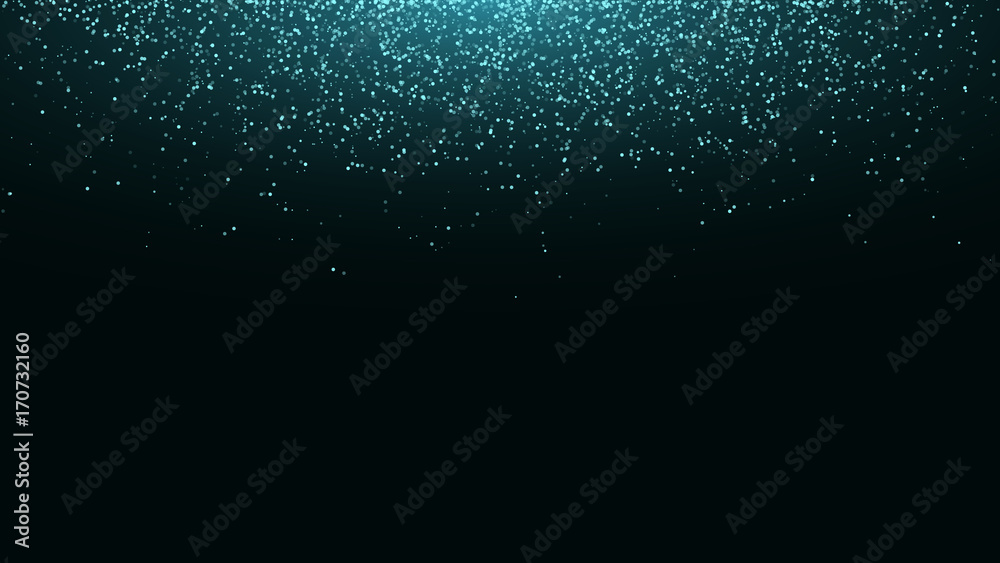 Blue glowing dust on a black horizontal background. Backlight from the top. Template for the project. Sparkle dots, round tinsel elements celebration backdrop graphic design. Vector