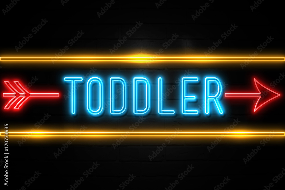 Toddler  - fluorescent Neon Sign on brickwall Front view