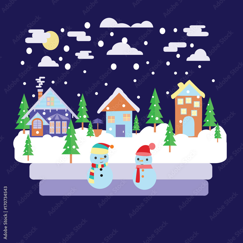 Merry Christmas greeting card design with Winter country night landscape