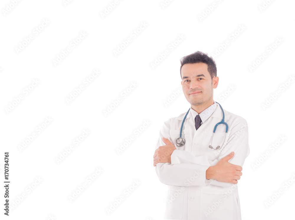 Confident doctor. Confident young handsome man in shirt and tie carrying stethoscope on shoulders and looking at camera while standing against white background Confident doctor. Confident young handsome man in shirt and tie carrying stethoscope on shoulders and looking at camera while standing against white background