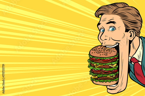 hungry man with a giant Burger, street food