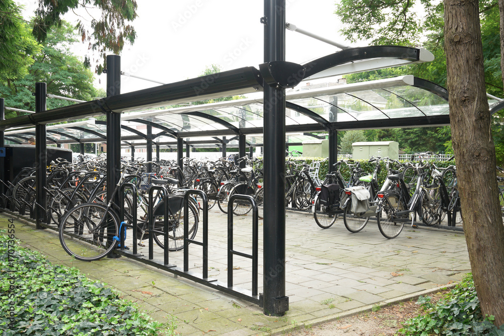 Bicycles on parking at train station in Netherlands