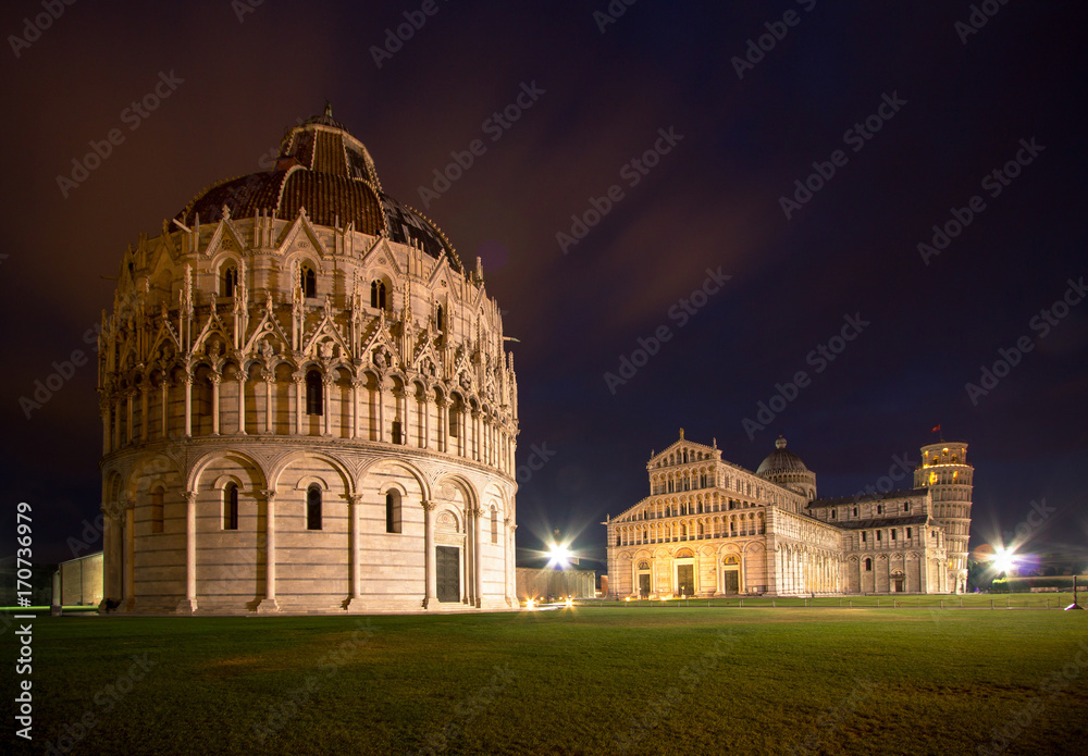 Baptistery, Cathedral of Pisa and Leaning Tower at night