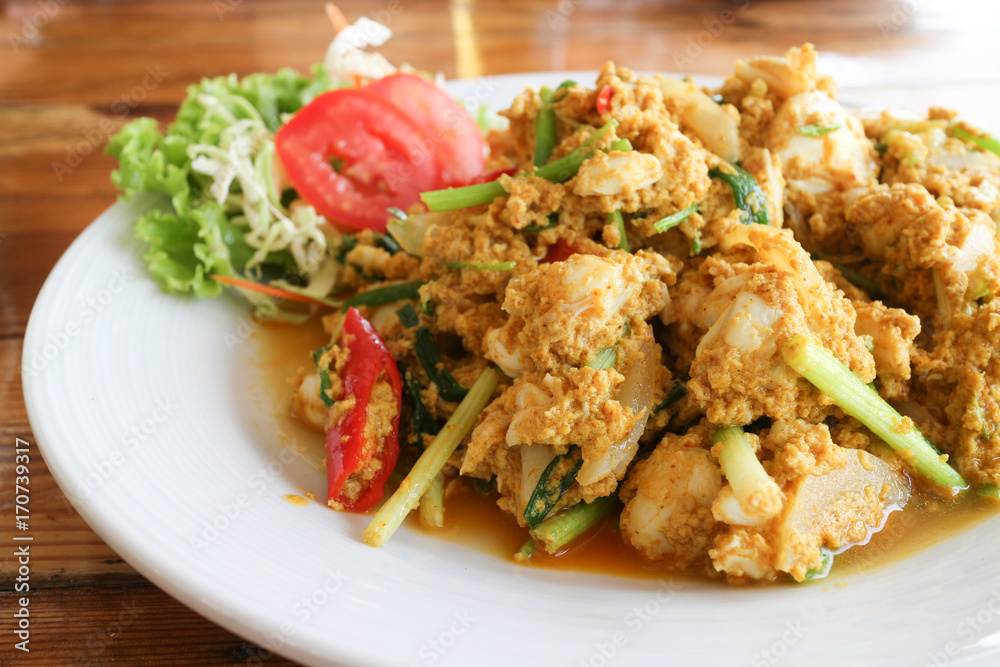 closeup stir fried crab with egg and curry powder, Thai style closeup stir fried crab with egg and curry powder, Thai style