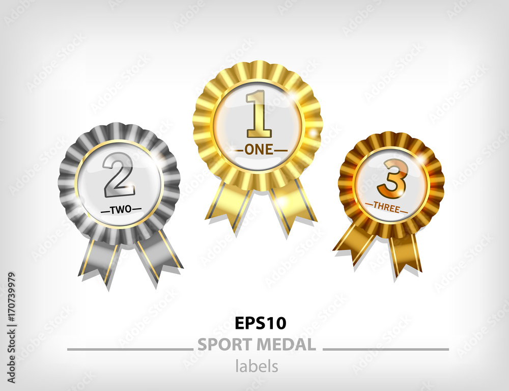 Fototapeta premium gold, silver and bronze medallion, medal award for winners first and second place. Vector golden seal with ribbon 