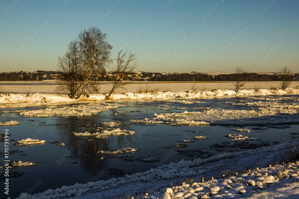 Narew river at winter in Lomza, Podlasie, Poland