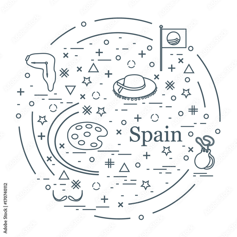 Fototapeta premium Vector illustration with various symbols of Spain arranged in a circle. Travel and leisure.