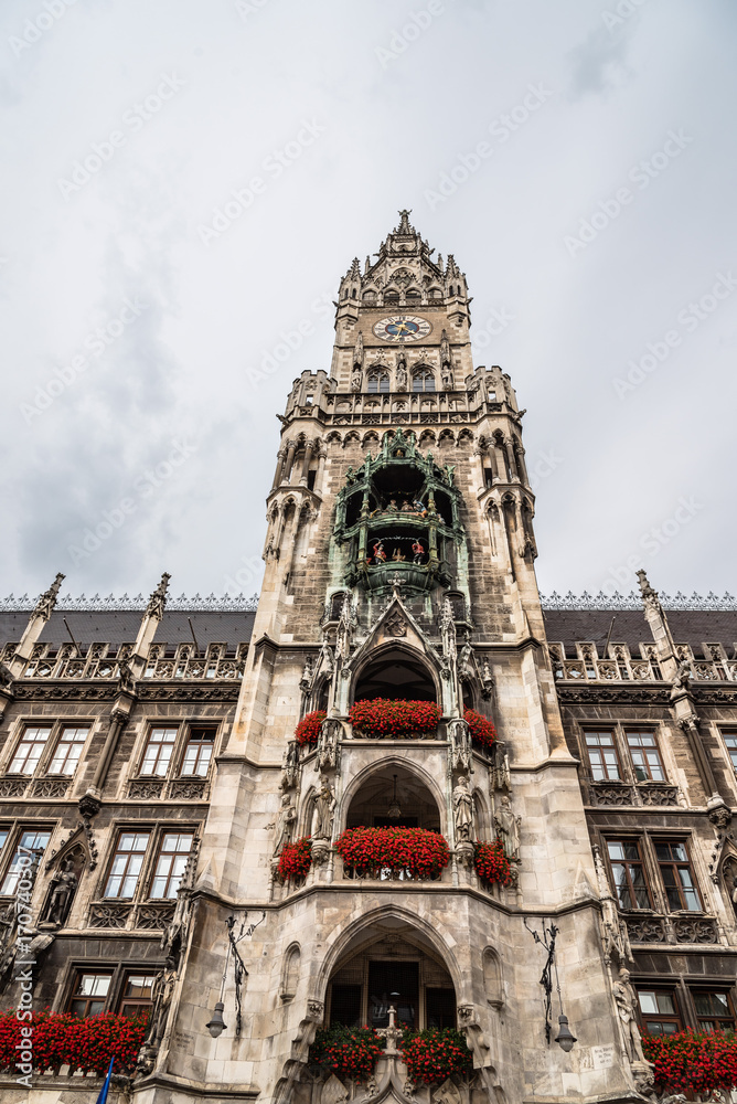Low angle view of New City Hall in Marienplatz in Munich