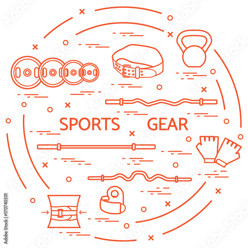 Different goods for weightlifting arranged in a circle.